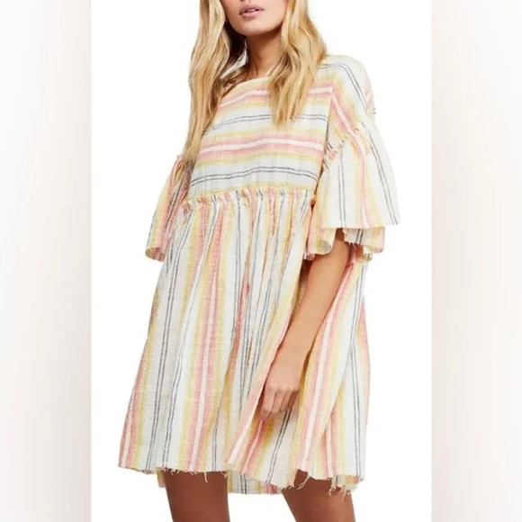 Free People rainbow mini dress Summer Nights Striped Tunic short sleeve babydoll - Picture 1 of 6